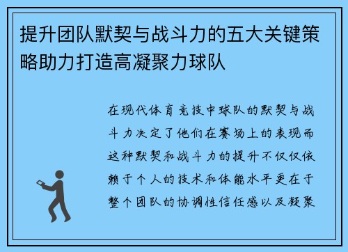 提升团队默契与战斗力的五大关键策略助力打造高凝聚力球队