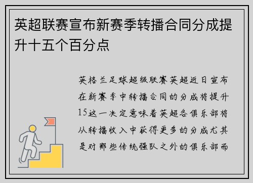 英超联赛宣布新赛季转播合同分成提升十五个百分点
